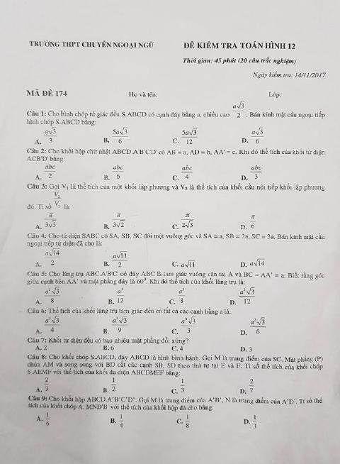 Đề kiểm tra Hình học 12 chương 1 (Khối đa diện) trường THPT chuyên Ngoại Ngữ – Hà Nội